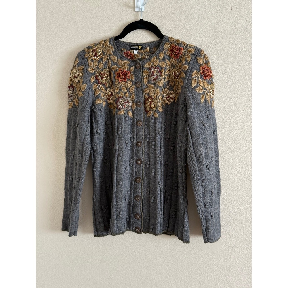 Int McDavid Wool Silk Floral Embroidered Popcorn Knit Cardigan Sweater Medium
